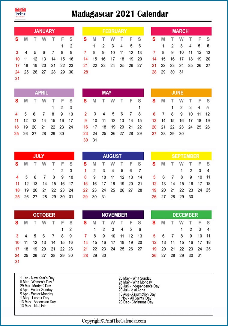 Madagascar Printable Calendar 2021